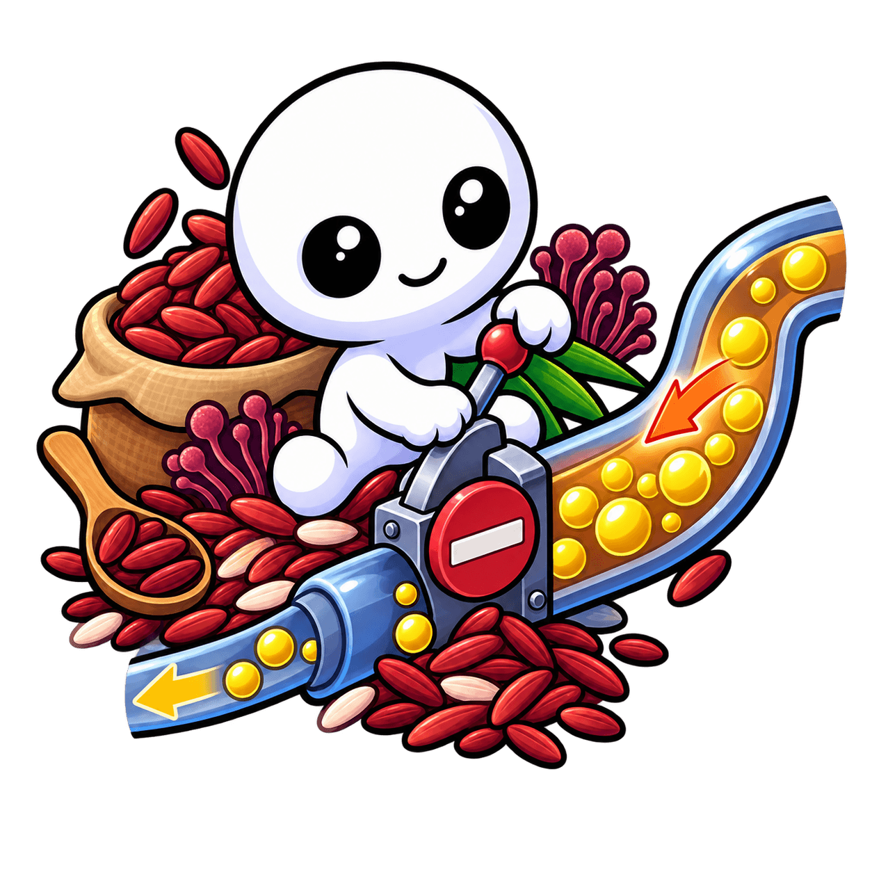 Kodama de Suplepedia sentado sobre un montón de arroz fermentado rojo, entre un saco, una cuchara de madera y el micelio del hongo. Con las dos manos acciona la palanca de una válvula, marcada con una señal de prohibido, que corta un vaso sanguíneo lleno de esferas amarillas de colesterol.