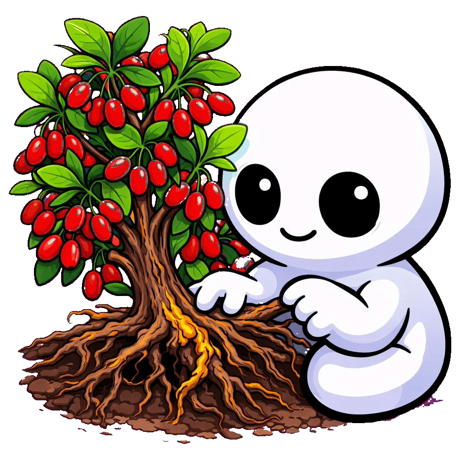 Kodama de Suplepedia abrazando un arbusto de agracejo con bayas rojas y raíces de pigmento amarillo.