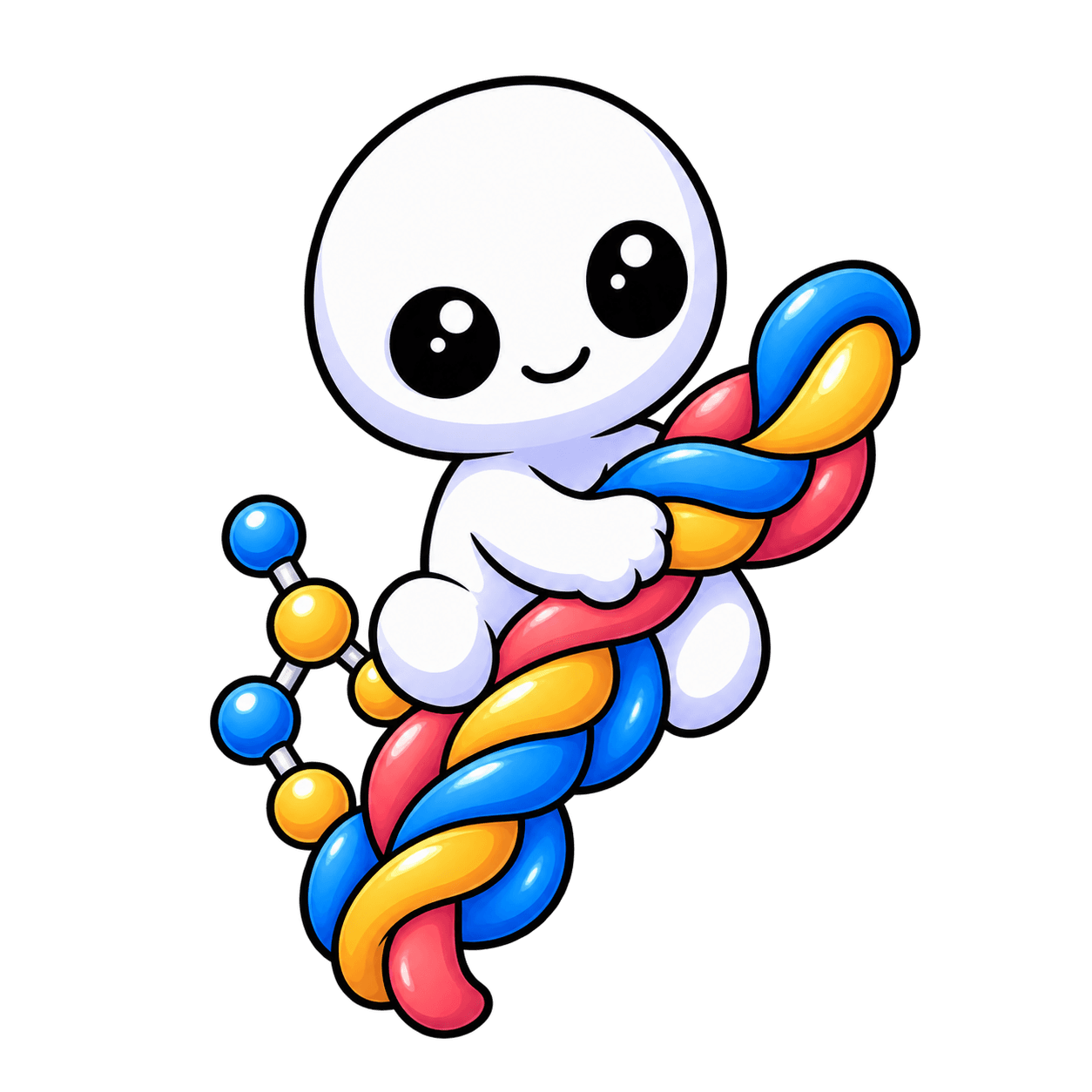 Kodama de Suplepedia abrazando con los dos brazos una cuerda trenzada de tres hebras —azul, amarilla y roja— que lo cruza en diagonal, la triple hélice del colágeno. A su izquierda, una cadena esquemática de átomos: esferas azules y amarillas unidas por enlaces.
