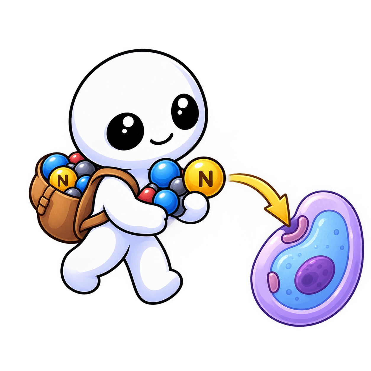 Un kodama con una mochila llena de esferas entrega a una célula la esfera marcada con la letra N.