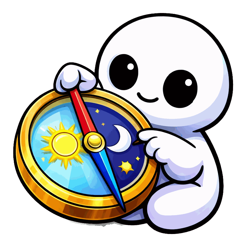 Kodama de la melatonina: un pequeño espíritu blanco sostiene una esfera de reloj-brújula partida en dos mitades —un lado de día con sol y otro de noche con luna creciente y estrellas— con una aguja que marca el paso del día a la noche.