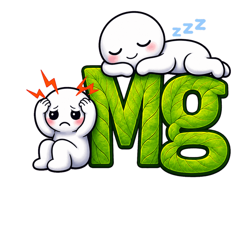 Dos kodamas junto al símbolo Mg: uno con migraña (rayos rojos), otro durmiendo (Zzz)
