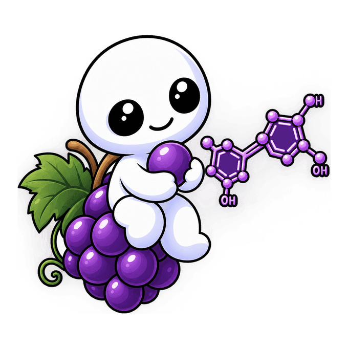 Un kodama sentado sobre un racimo de uvas, con una uva en la mano y la molécula de resveratrol a su derecha.