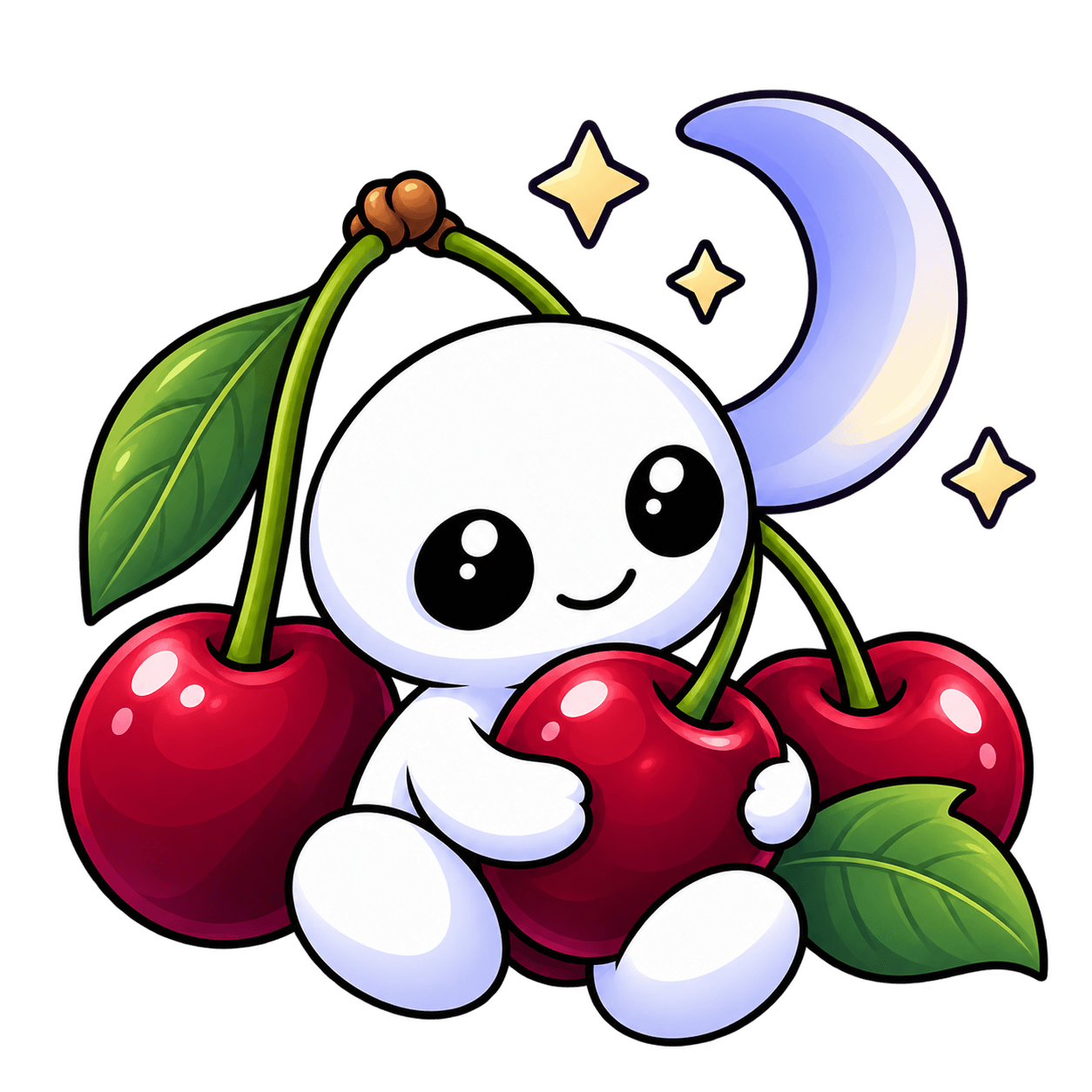 Un kodama abrazando un ramillete de cerezas, con un cuarto de luna creciente detrás.