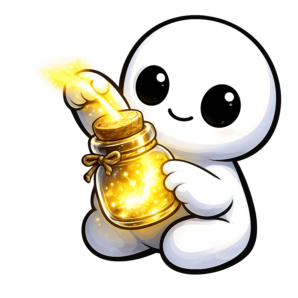 El kodama de Suplepedia abraza un frasco de cristal, cerrado con corcho y lazo, del que se derrama una luz dorada hacia un resplandor cálido.