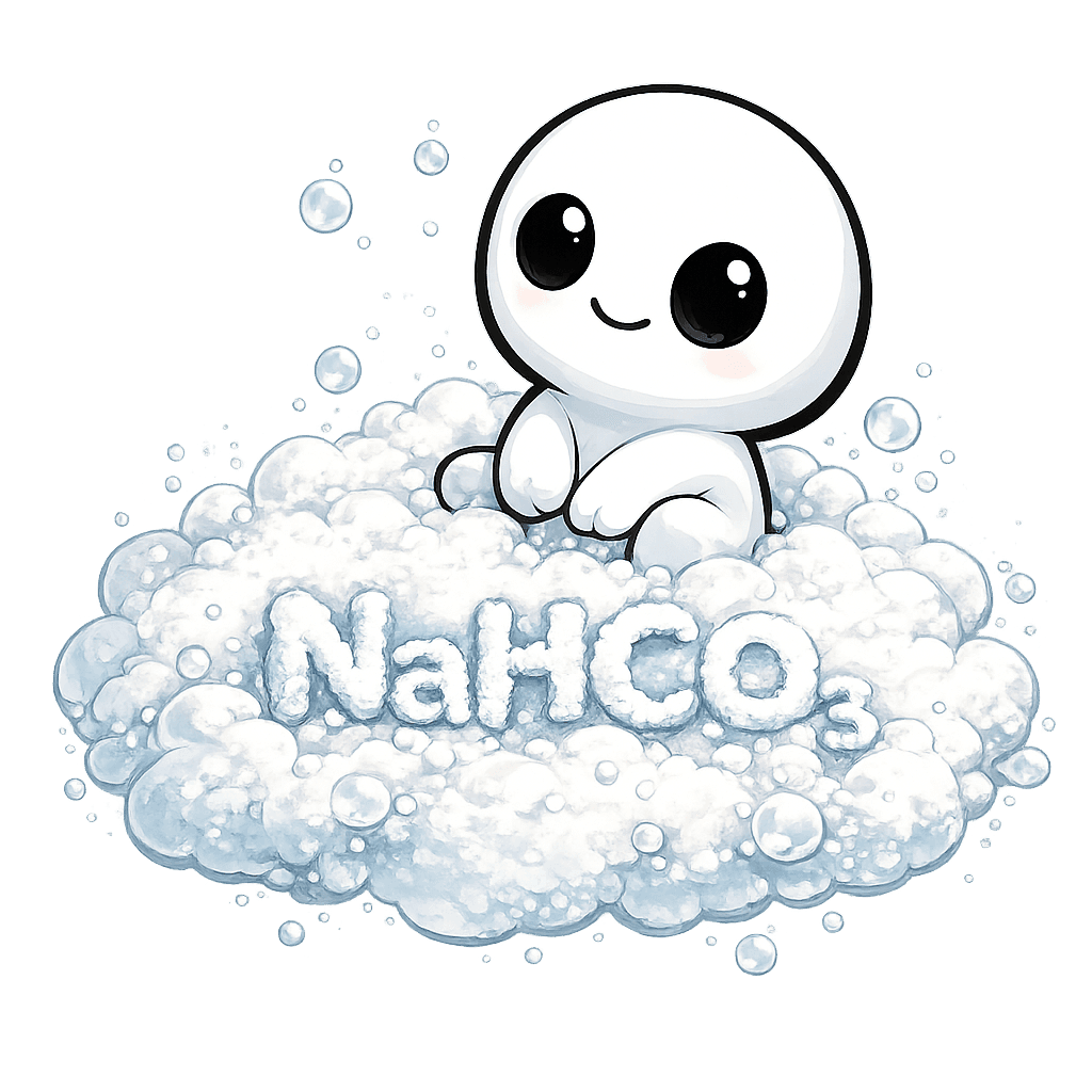 Kodama de Suplepedia sentado sobre una nube de espuma blanca con burbujas, con la fórmula NaHCO₃ escrita en la espuma.