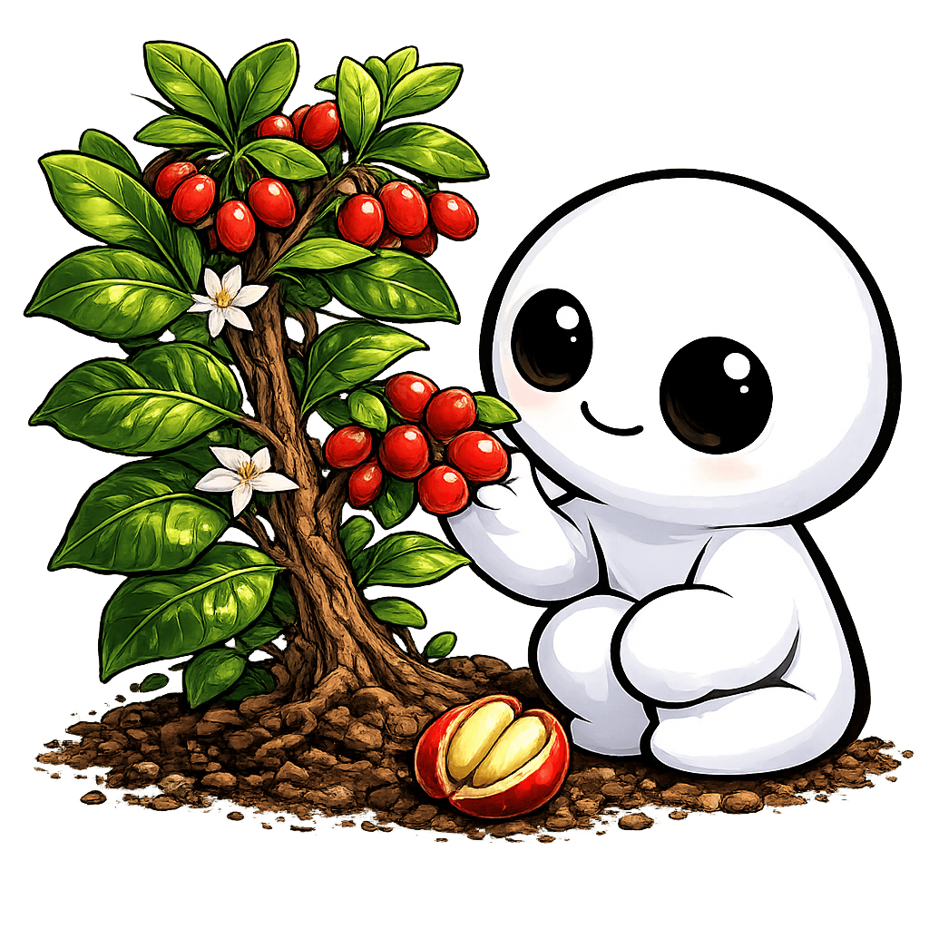 Kodama de Suplepedia junto a la planta del café, con sus frutos rojos, sus flores blancas y un fruto abierto que deja ver las dos semillas de dentro.