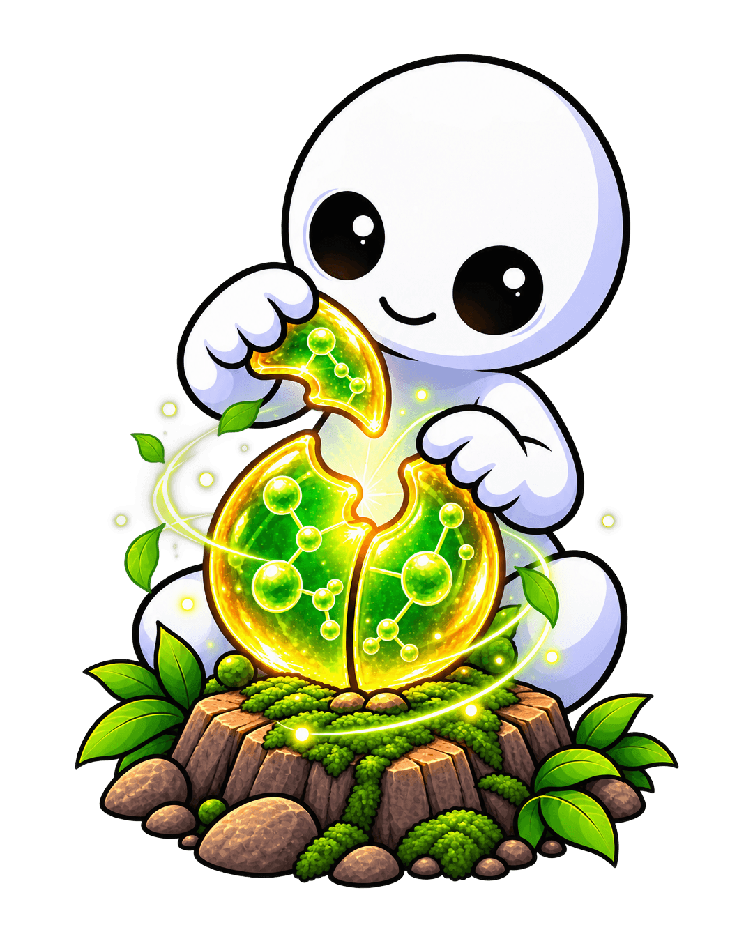 Kodama de Suplepedia sosteniendo una esfera luminosa partida en tres piezas, con estructuras moleculares dibujadas en su interior, sobre un tocón cubierto de musgo rodeado de hojas y piedras.
